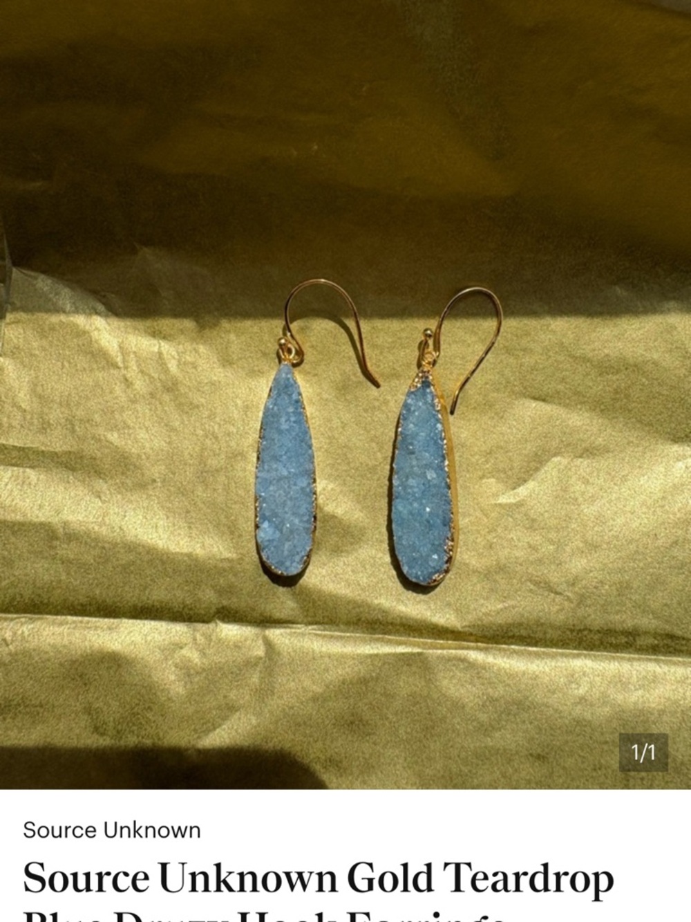 Source Unknown Gold Teardrop Blue Druzy Hook Earrings